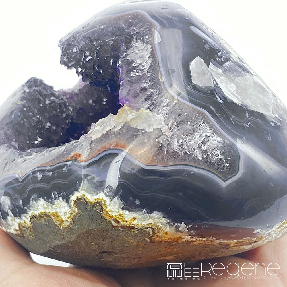 天然金黃瑪瑙包邊紫晶簇錢袋子