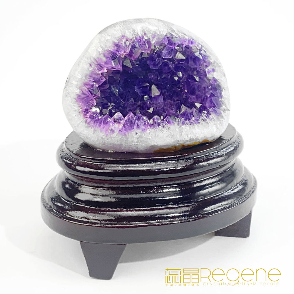 天然金黃瑪瑙包邊紫晶簇錢袋子