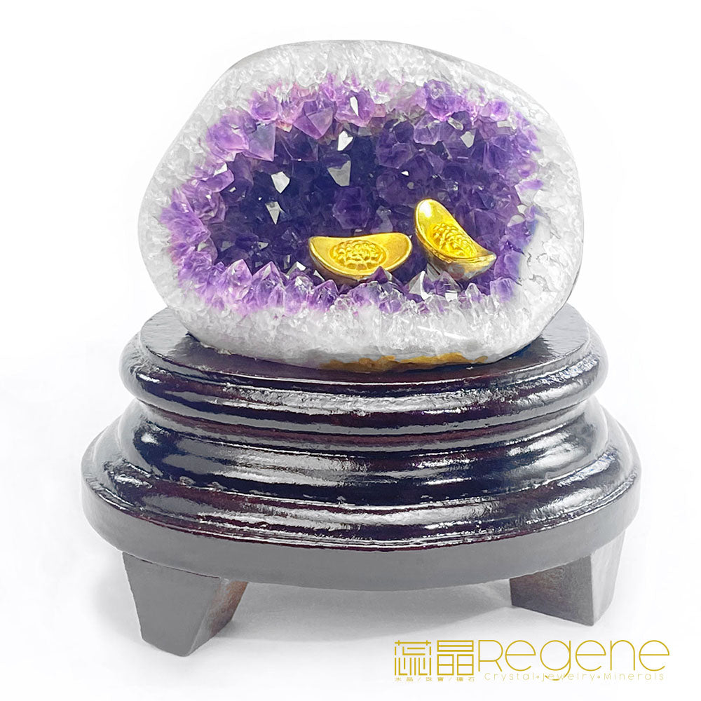 天然金黃瑪瑙包邊紫晶簇錢袋子