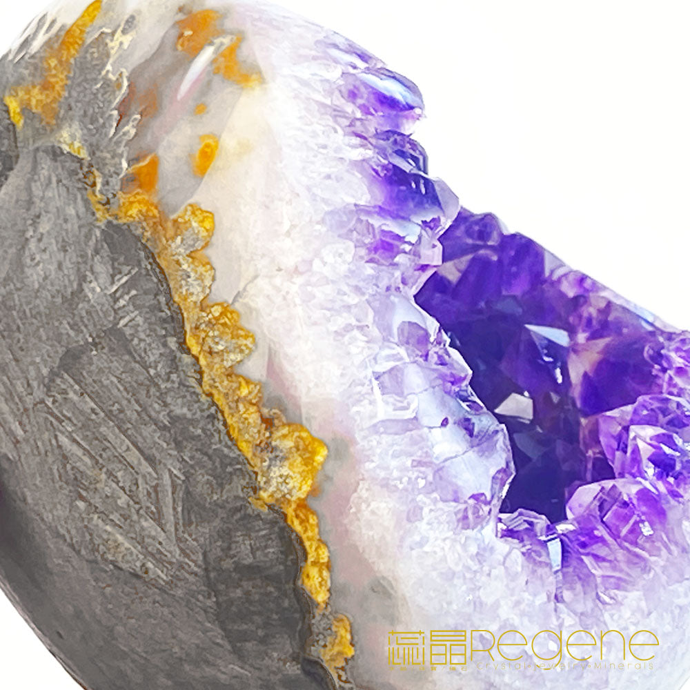 天然金黃瑪瑙包邊紫晶簇錢袋子