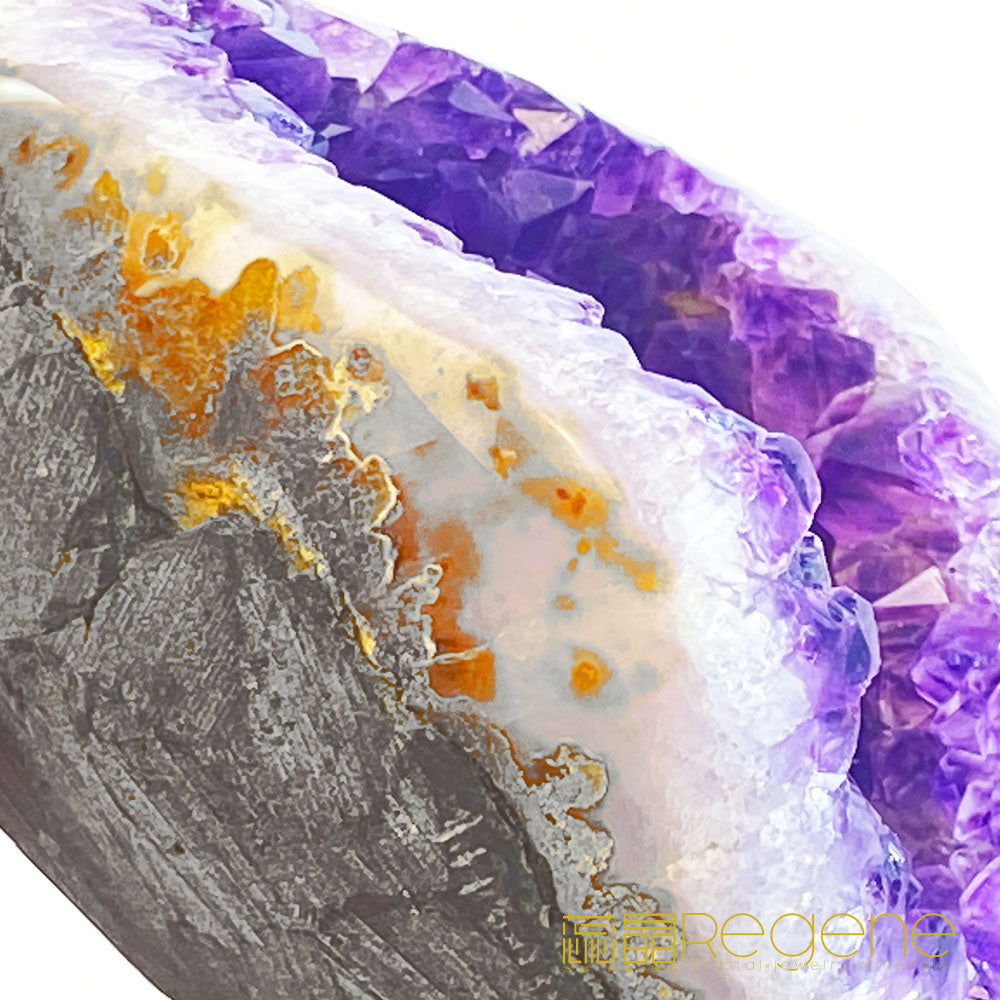 天然金黃瑪瑙包邊紫晶簇錢袋子