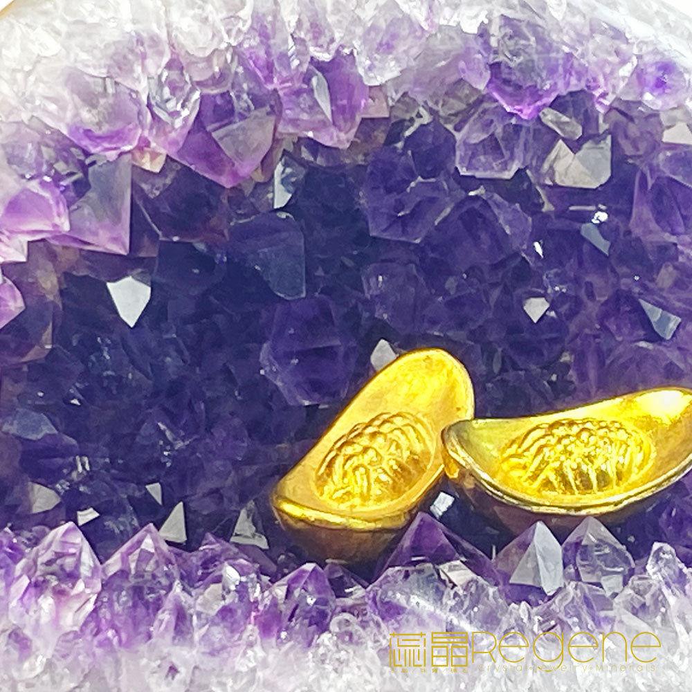 天然金黃瑪瑙包邊紫晶簇錢袋子