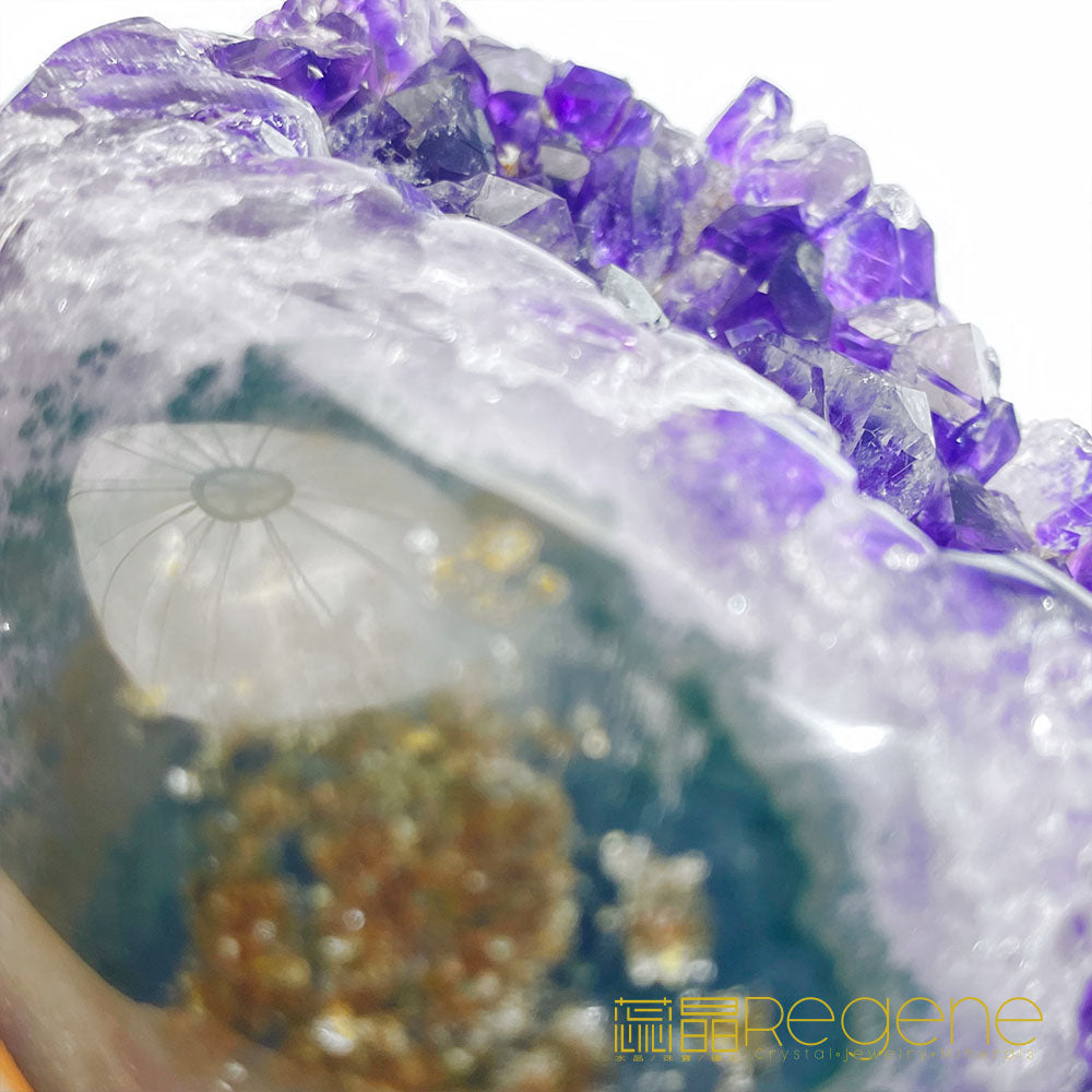 天然金黃瑪瑙包邊紫晶簇錢袋子