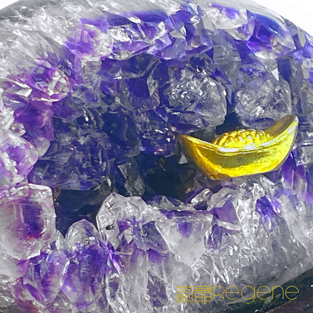 天然金黃瑪瑙包邊紫晶簇錢袋子