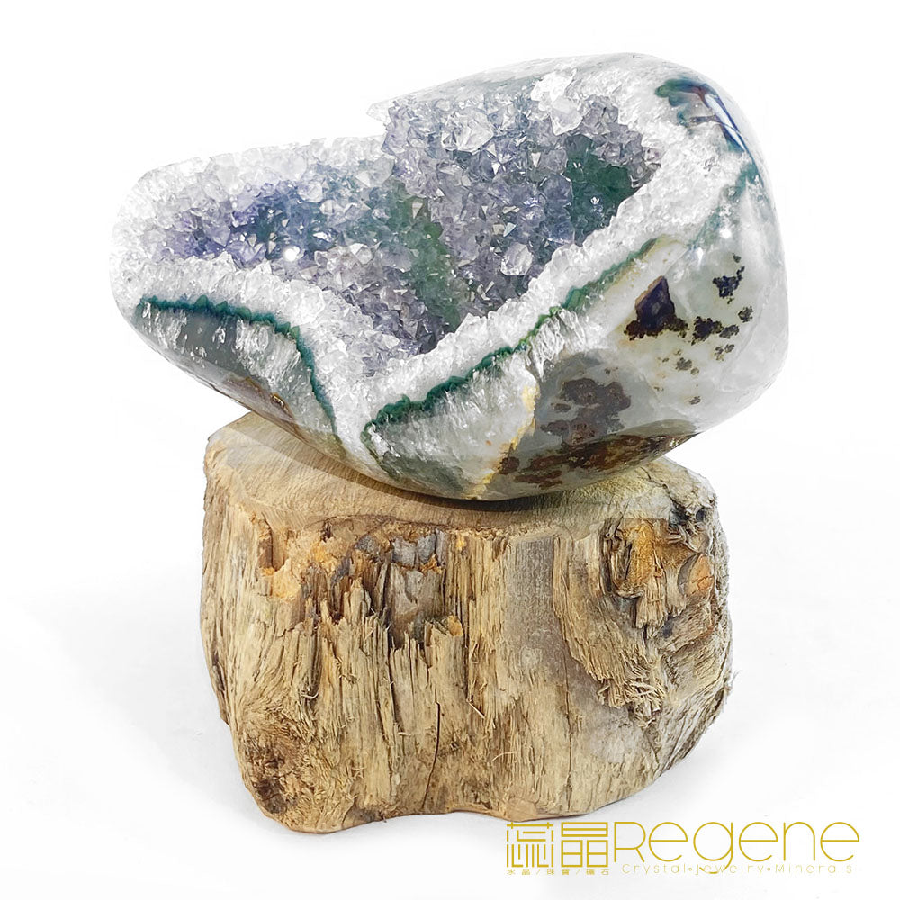 天然金黃瑪瑙包邊紫晶簇錢袋子