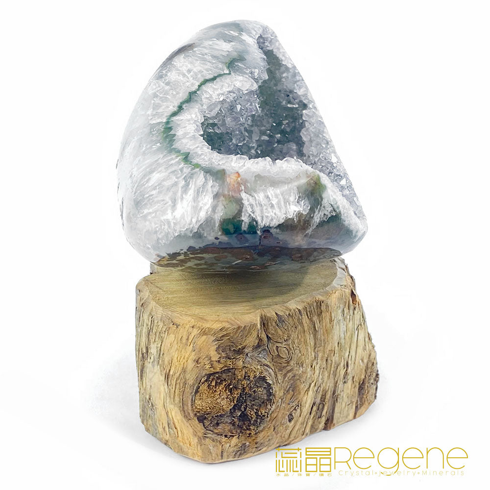 天然金黃瑪瑙包邊紫晶簇錢袋子