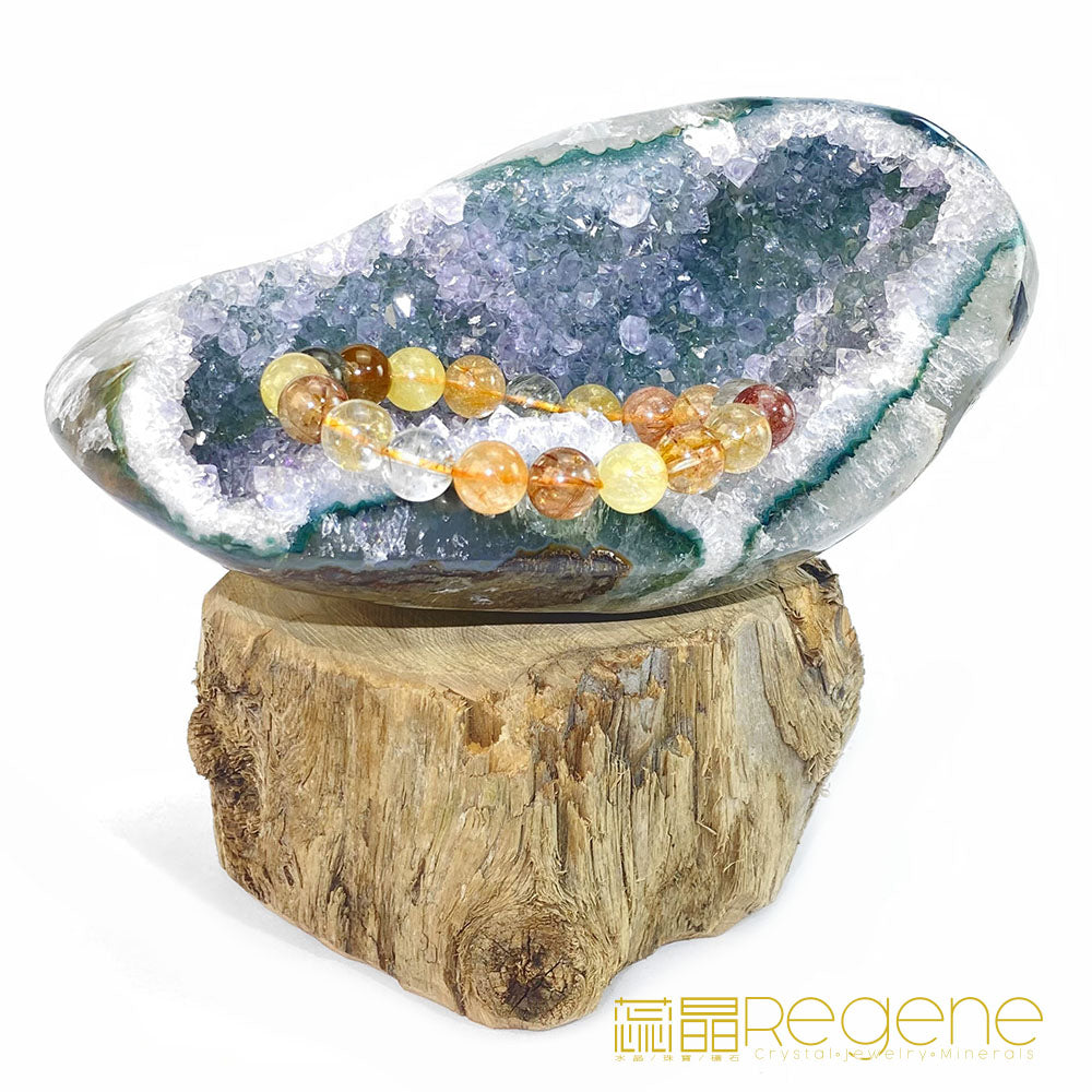 天然金黃瑪瑙包邊紫晶簇錢袋子