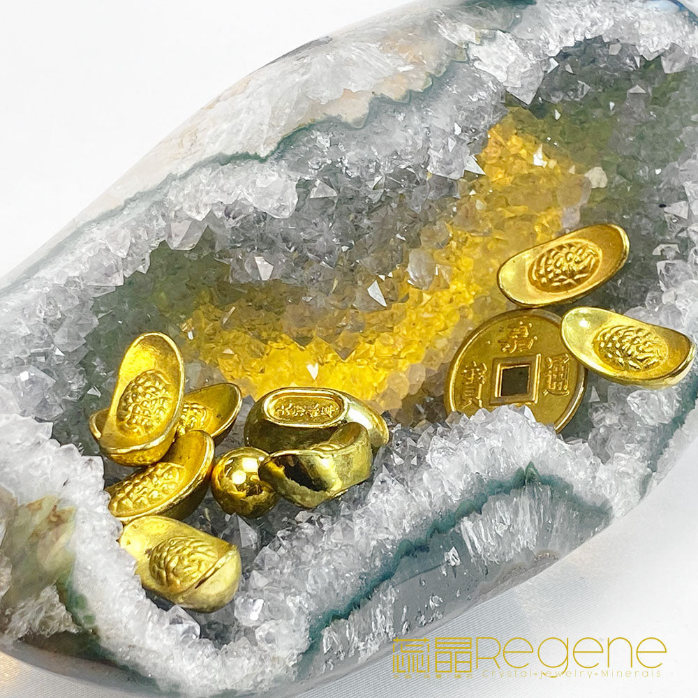 天然金黃瑪瑙包邊紫晶簇錢袋子