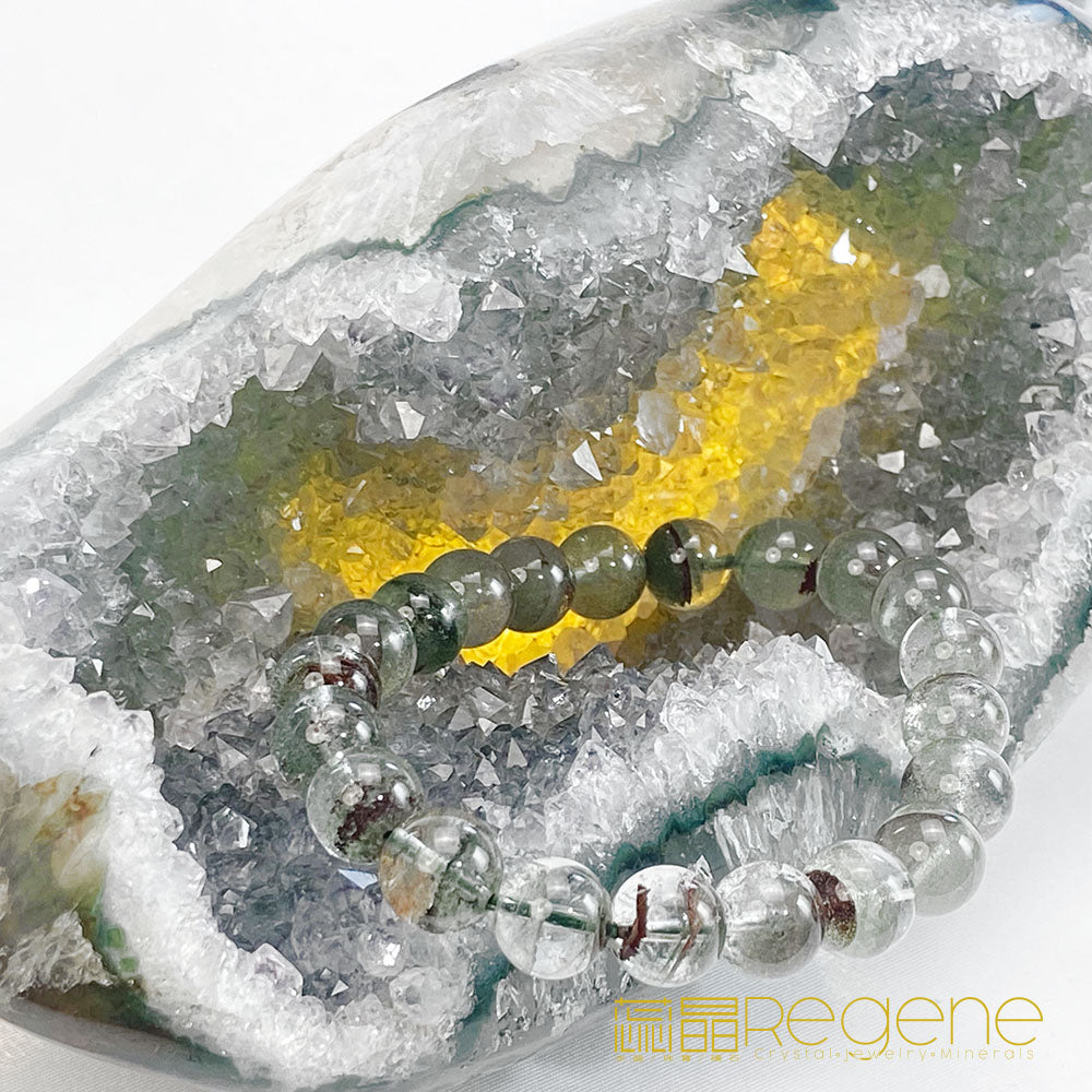 天然金黃瑪瑙包邊紫晶簇錢袋子