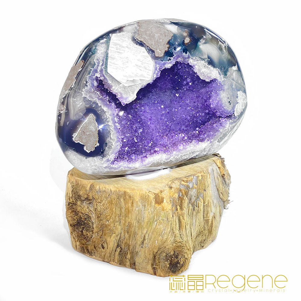 天然金黃瑪瑙包邊紫晶簇錢袋子