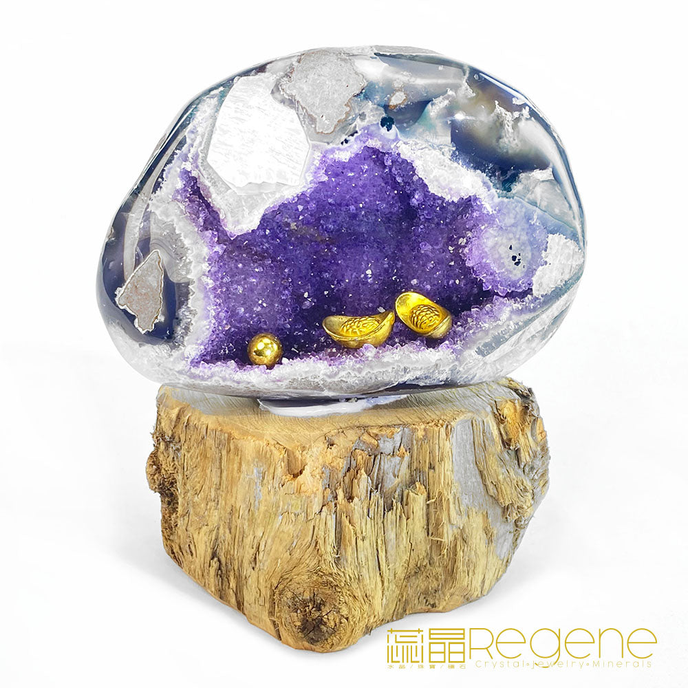 天然金黃瑪瑙包邊紫晶簇錢袋子