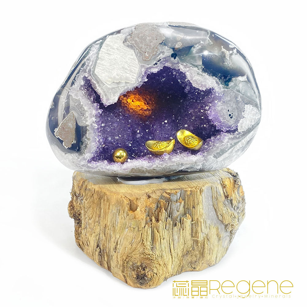 天然金黃瑪瑙包邊紫晶簇錢袋子