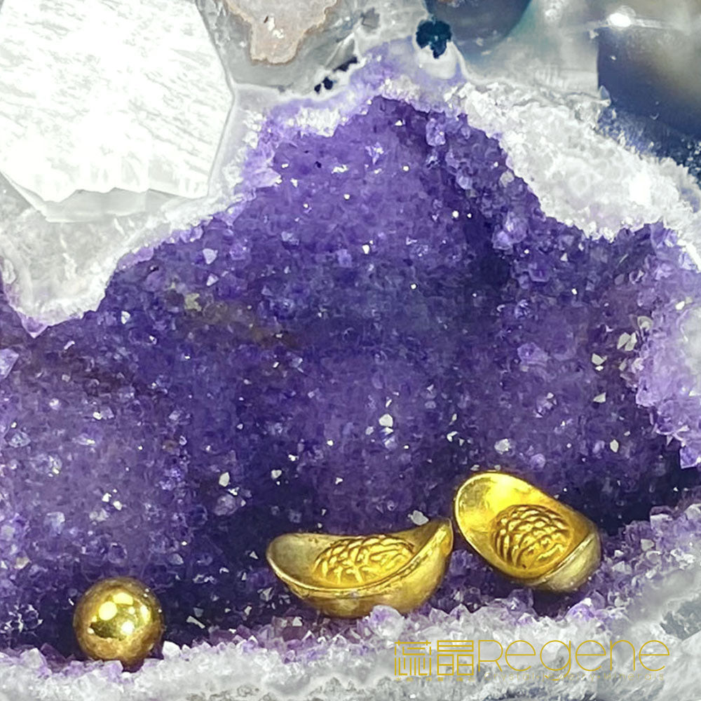 天然金黃瑪瑙包邊紫晶簇錢袋子