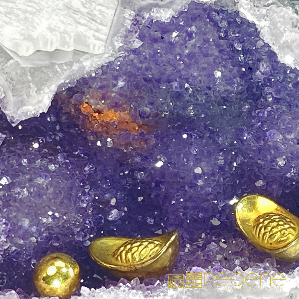 天然金黃瑪瑙包邊紫晶簇錢袋子