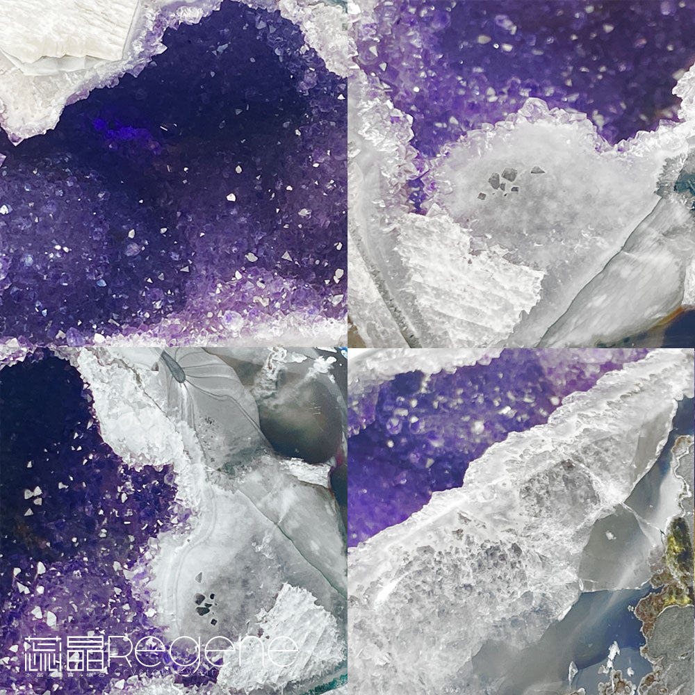 天然金黃瑪瑙包邊紫晶簇錢袋子