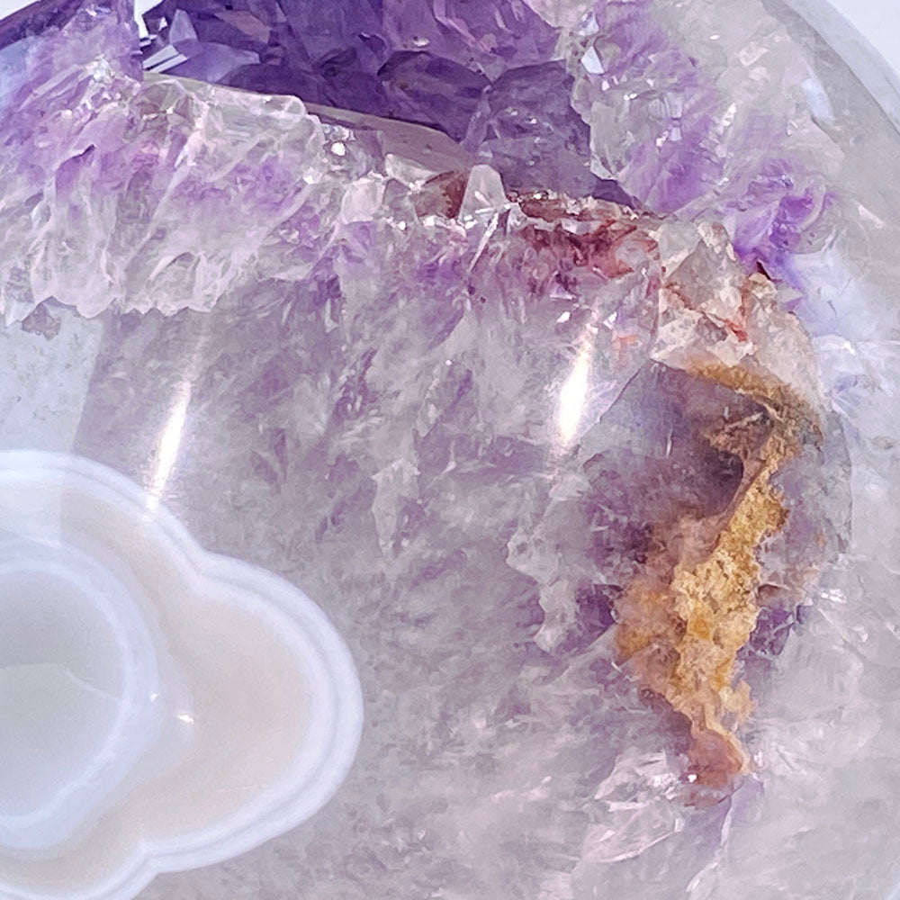 頂級稀有天然瑪瑙薰衣草紫晶大方解石共生全拋全透光開口笑晶球