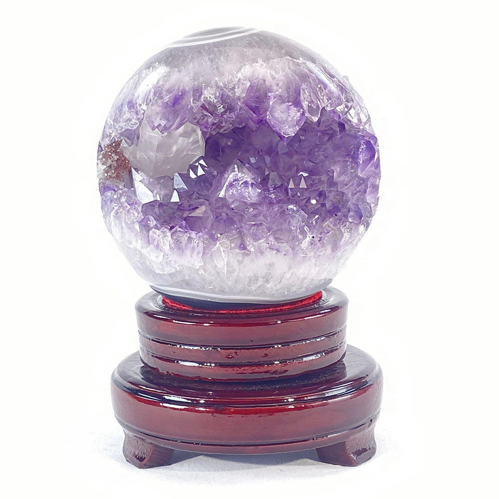 頂級稀有天然瑪瑙薰衣草紫晶大方解石共生全拋全透光開口笑晶球