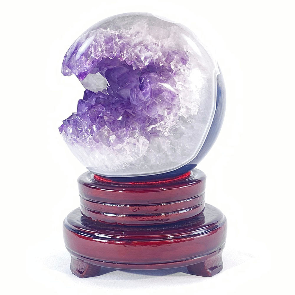 頂級稀有天然瑪瑙薰衣草紫晶大方解石共生全拋全透光開口笑晶球