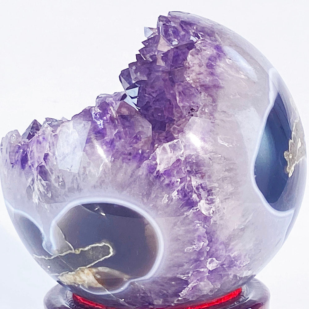頂級天然瑪瑙紫晶全拋透光開口笑晶球