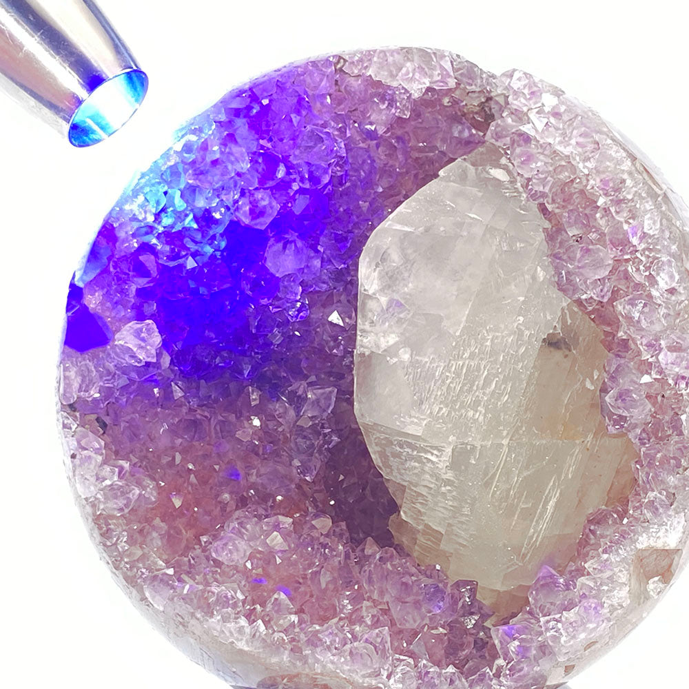 極品天然瑪瑙紫紅晶大方解石共生全拋透光開口笑晶球