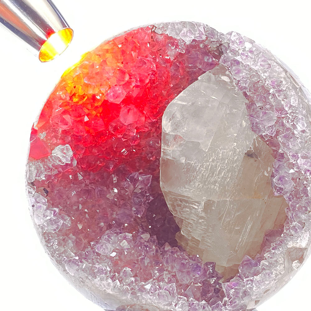 極品天然瑪瑙紫紅晶大方解石共生全拋透光開口笑晶球