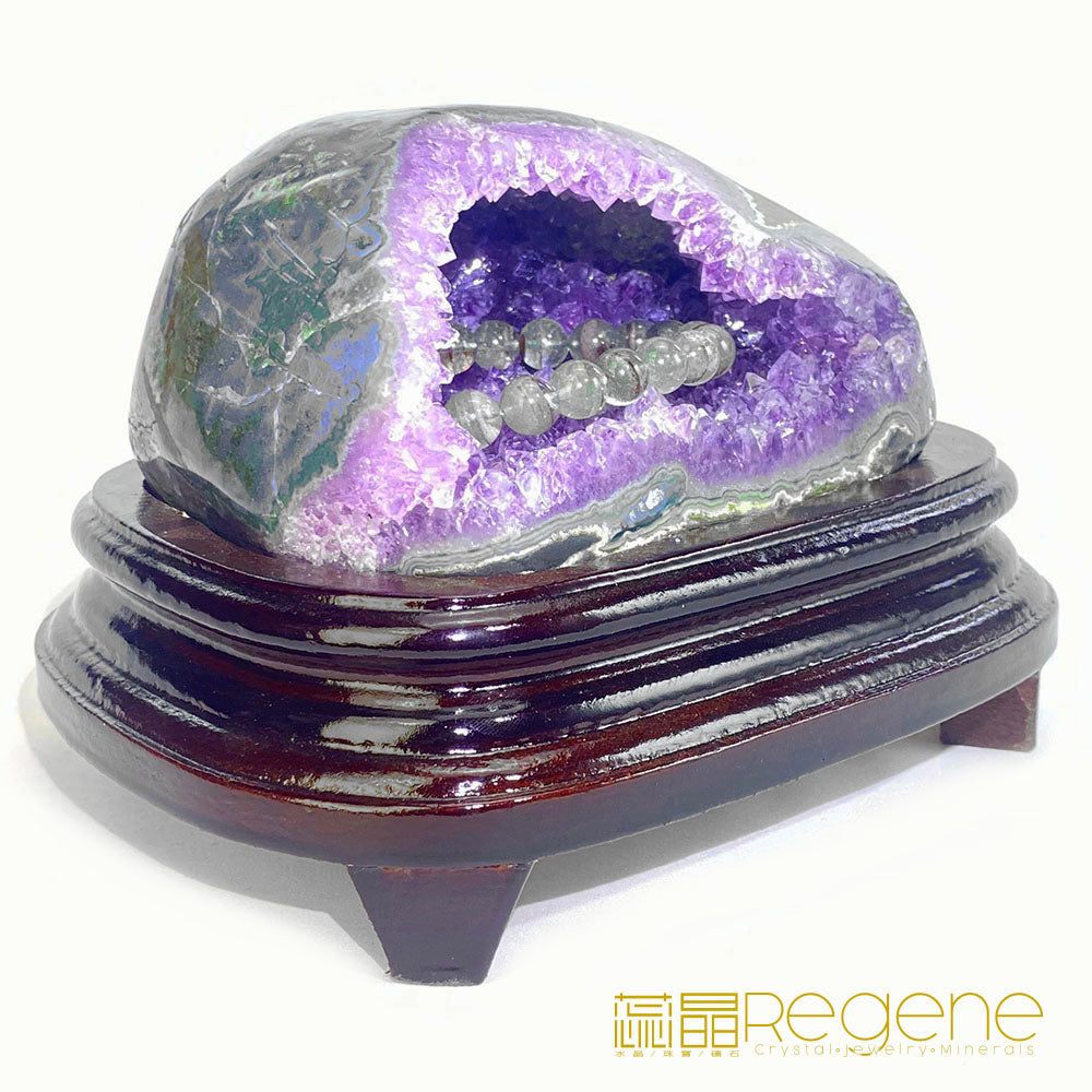 天然金黃瑪瑙包邊紫晶簇錢袋子