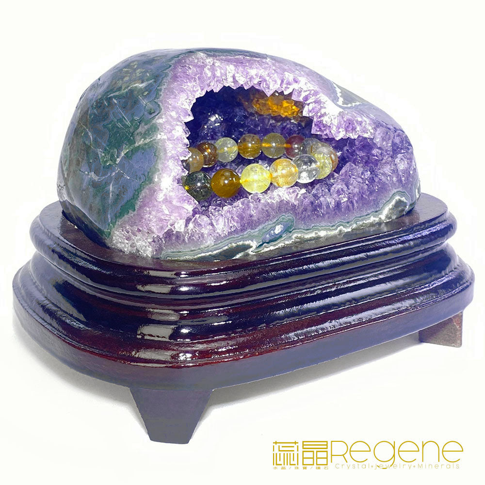 天然金黃瑪瑙包邊紫晶簇錢袋子