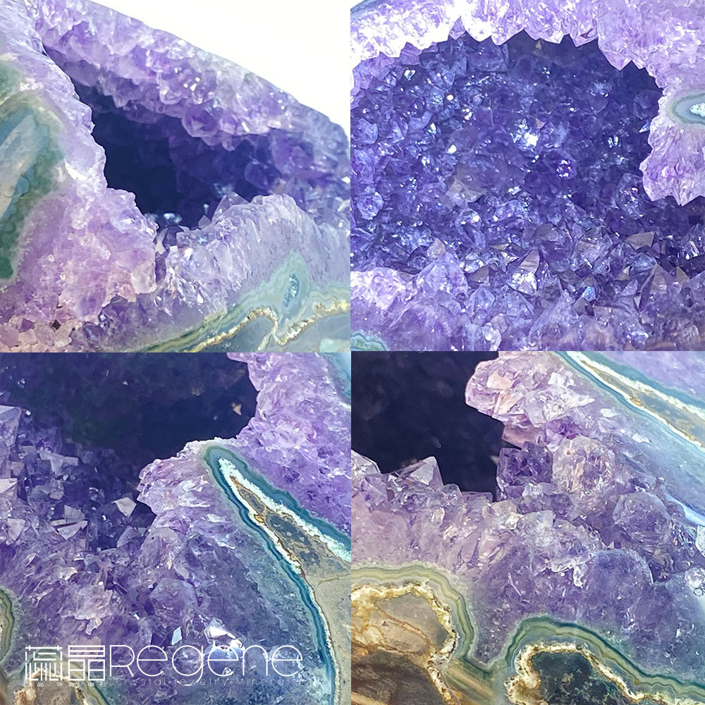 天然金黃瑪瑙包邊紫晶簇錢袋子