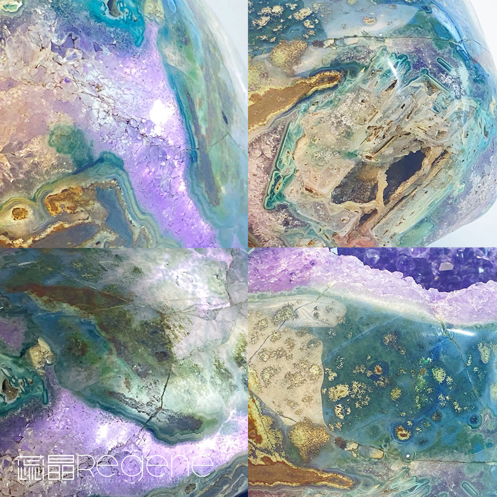 天然金黃瑪瑙包邊紫晶簇錢袋子