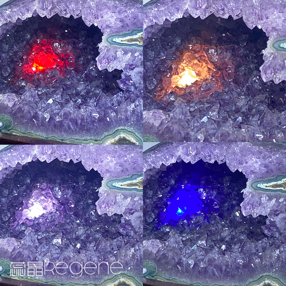 天然金黃瑪瑙包邊紫晶簇錢袋子