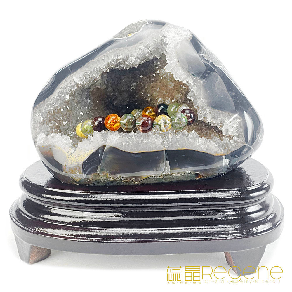 天然金黃瑪瑙包邊紫晶簇錢袋子