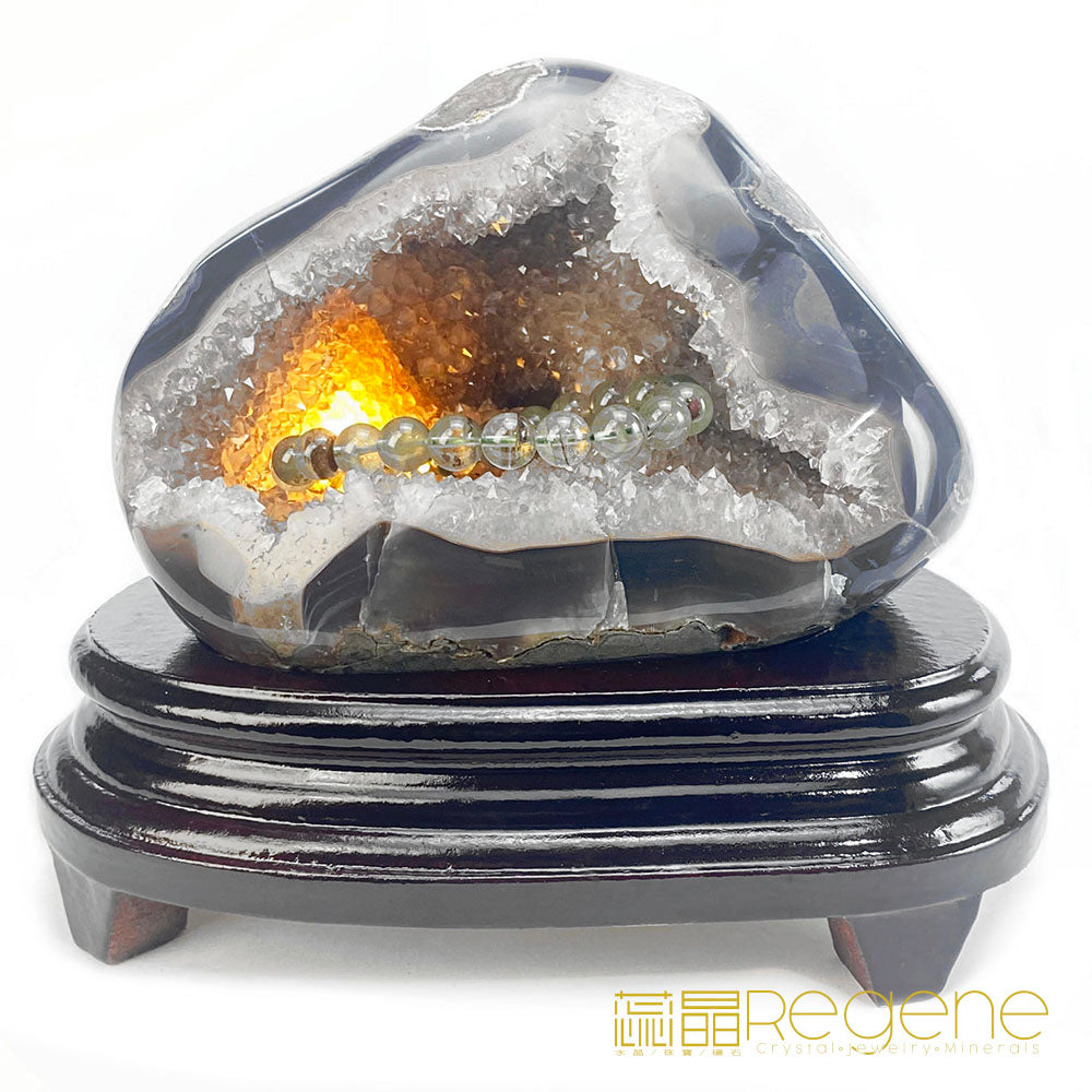 天然金黃瑪瑙包邊紫晶簇錢袋子