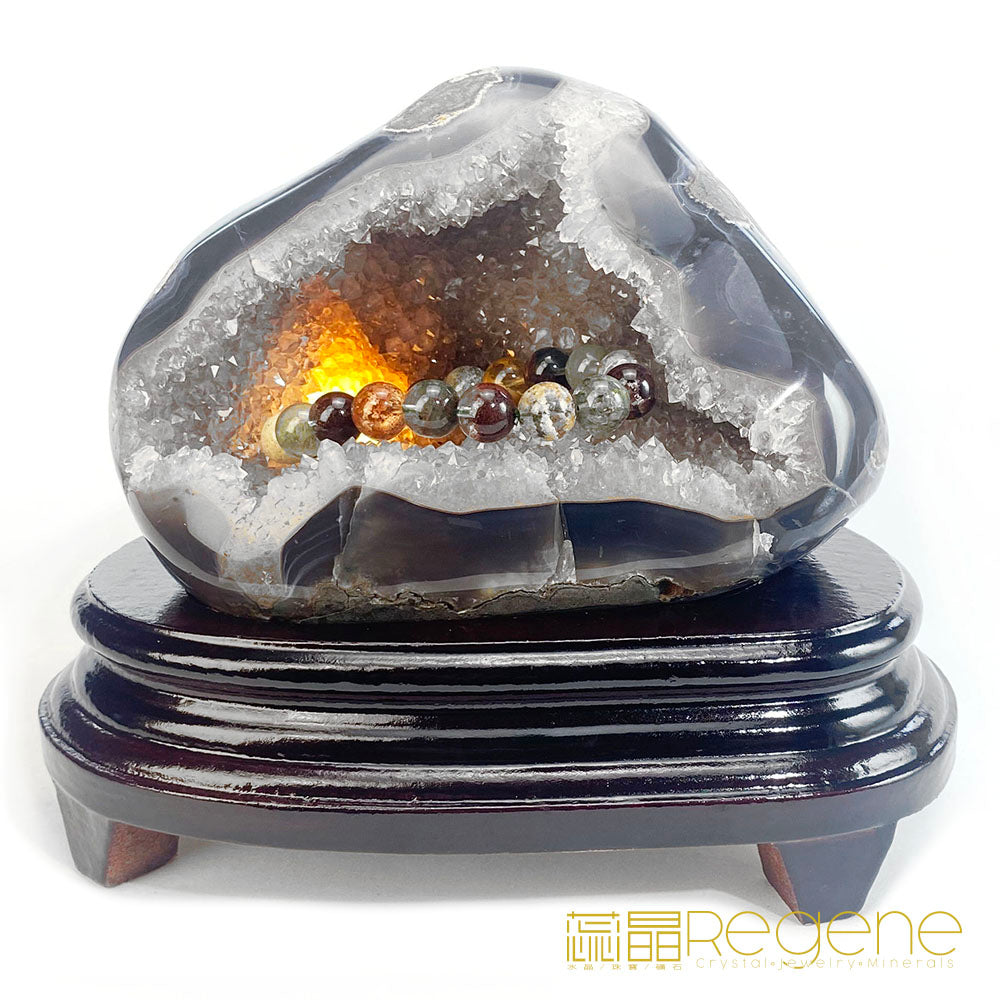 天然金黃瑪瑙包邊紫晶簇錢袋子