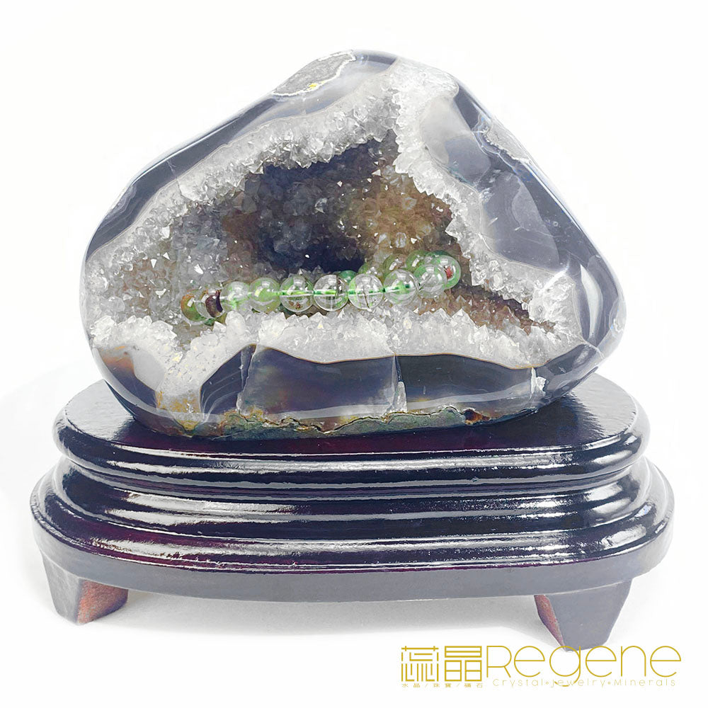 天然金黃瑪瑙包邊紫晶簇錢袋子