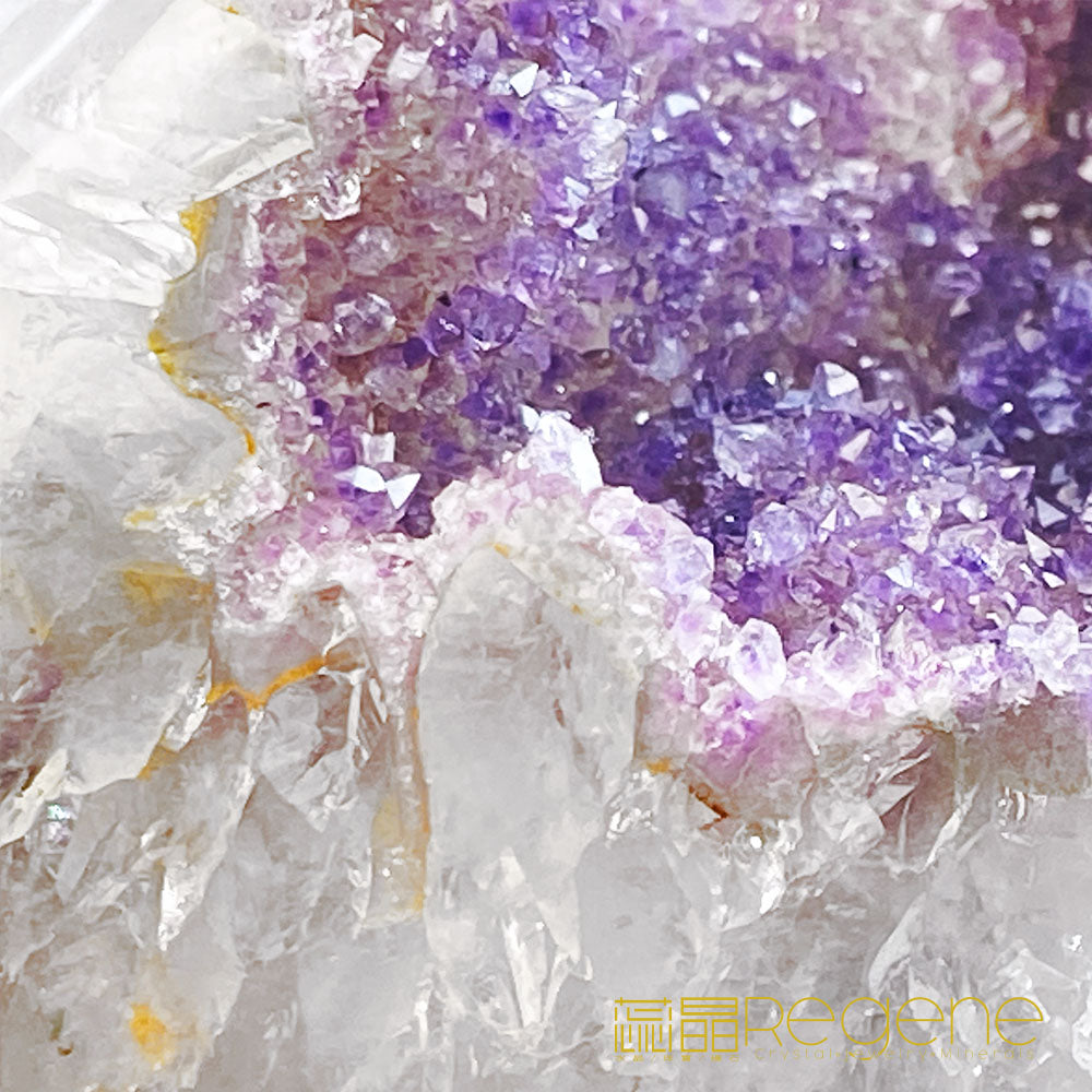 天然金黃瑪瑙包邊紫晶簇錢袋子