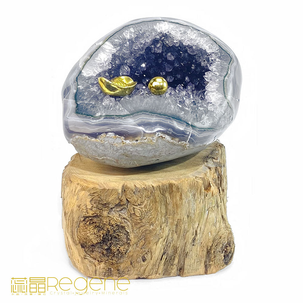 天然金黃瑪瑙包邊紫晶簇錢袋子