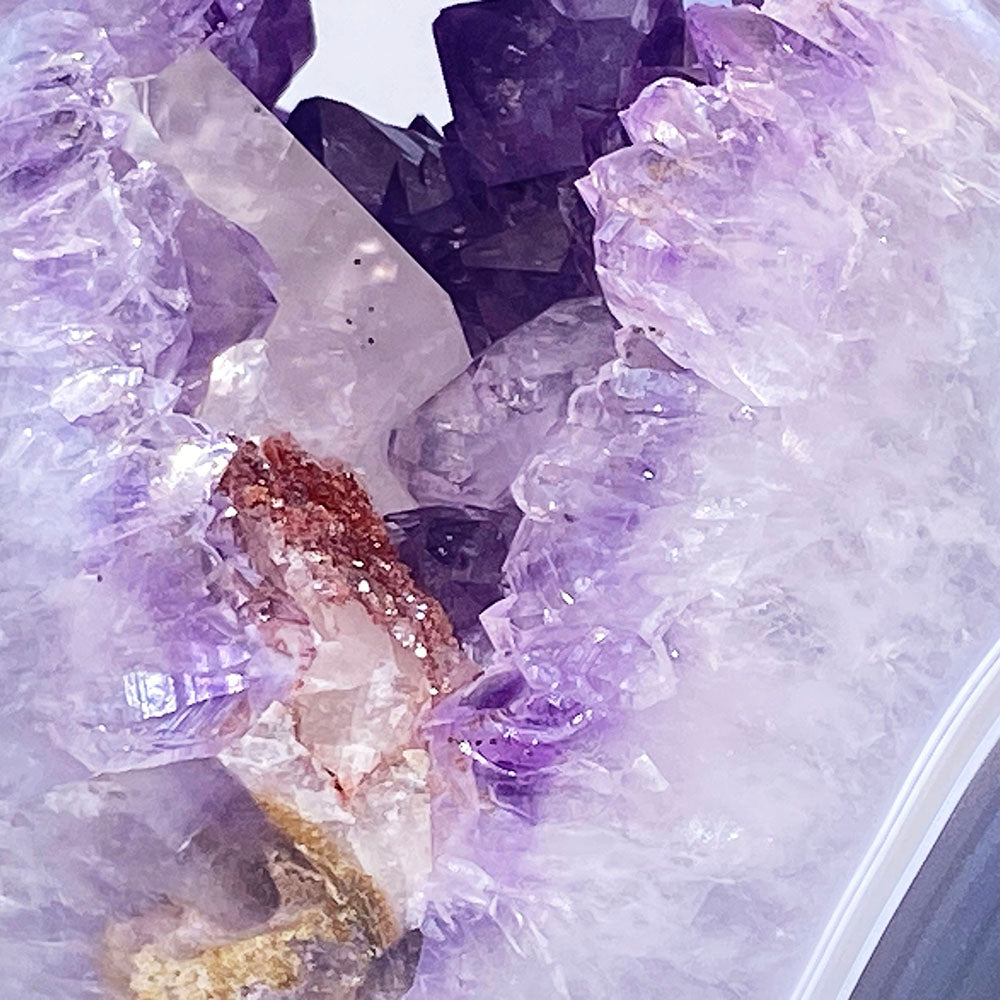 頂級稀有天然瑪瑙薰衣草紫晶大方解石共生全拋全透光開口笑晶球