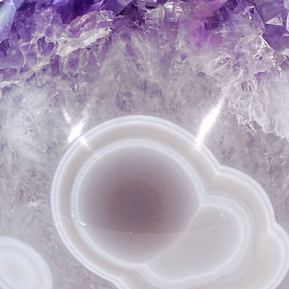 頂級稀有天然瑪瑙薰衣草紫晶大方解石共生全拋全透光開口笑晶球