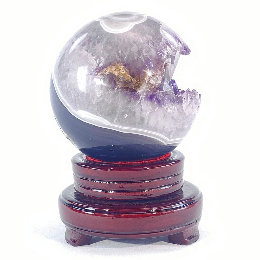 頂級稀有天然瑪瑙薰衣草紫晶大方解石共生全拋全透光開口笑晶球