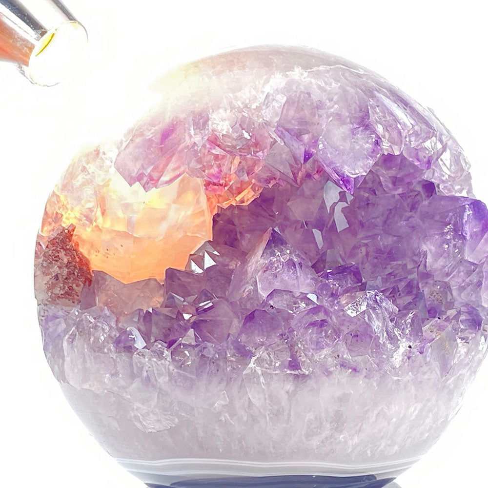 頂級稀有天然瑪瑙薰衣草紫晶大方解石共生全拋全透光開口笑晶球