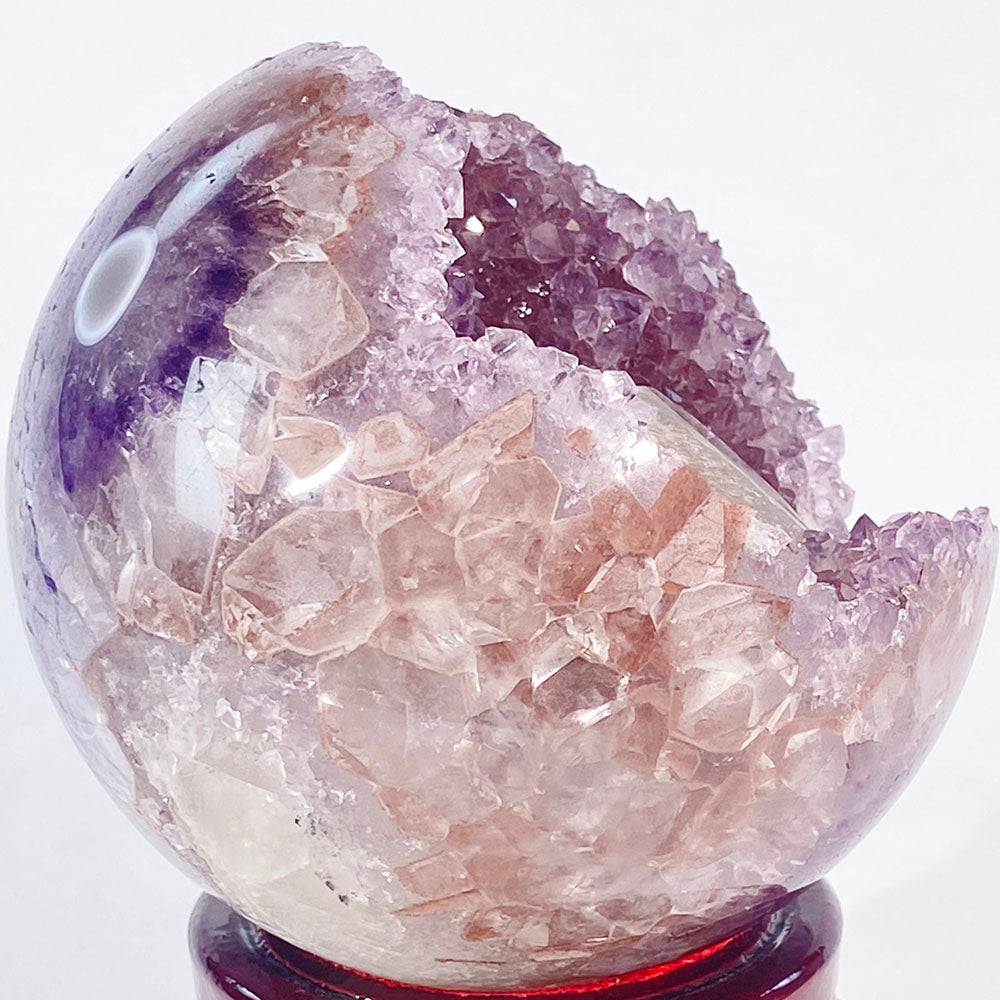 極品天然瑪瑙紫紅晶大方解石共生全拋透光開口笑晶球