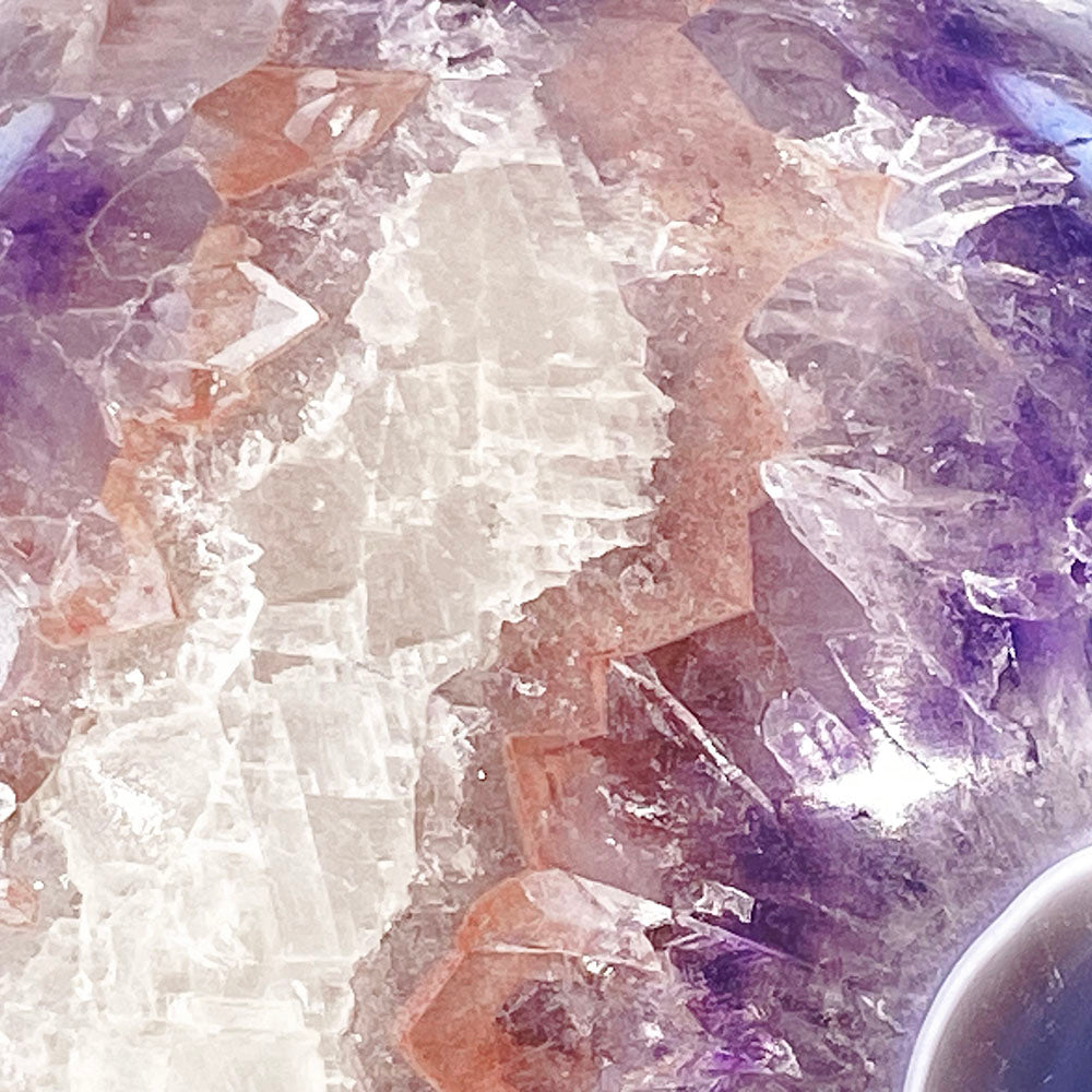 極品天然瑪瑙紫紅晶大方解石共生全拋透光開口笑晶球