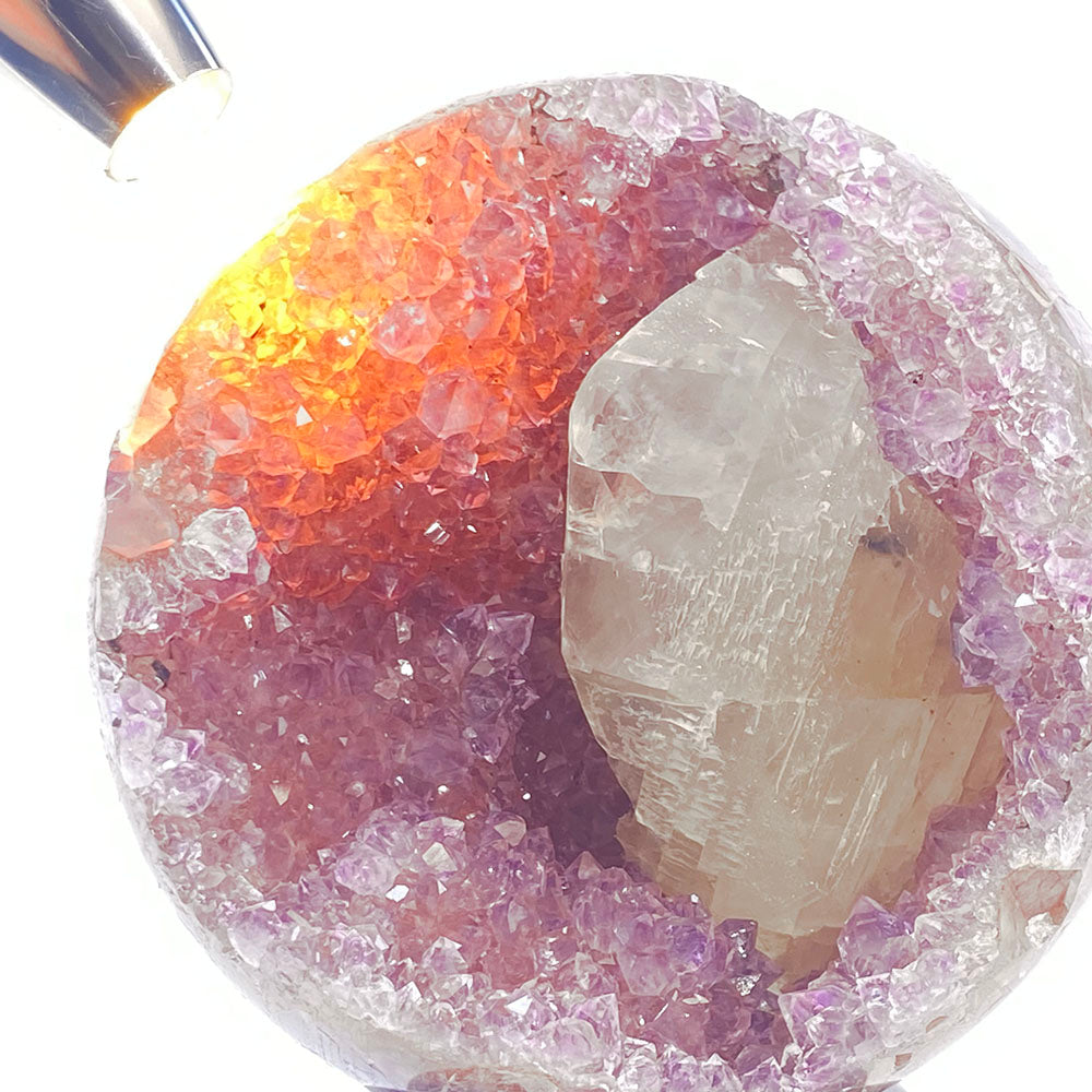 極品天然瑪瑙紫紅晶大方解石共生全拋透光開口笑晶球