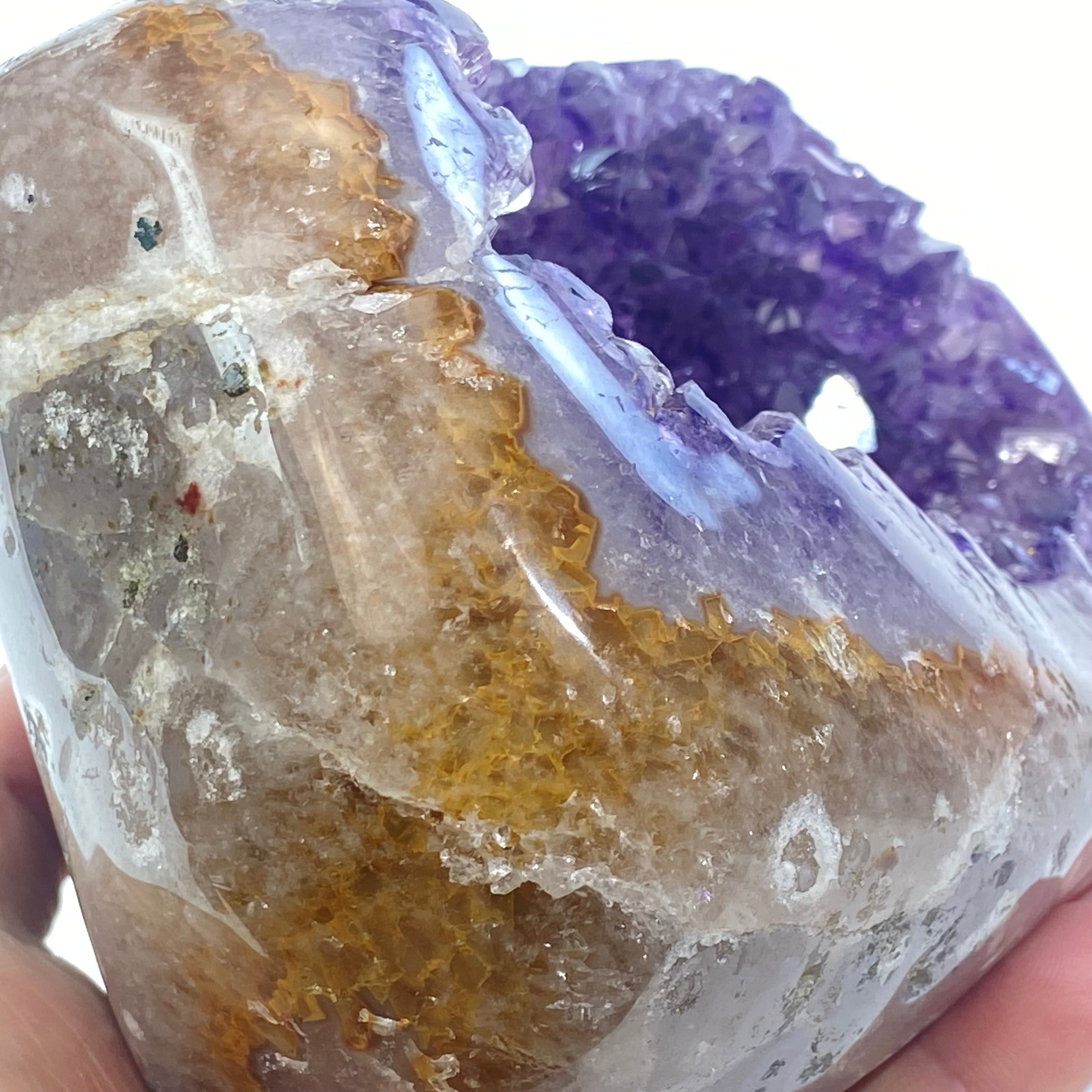 天然金黃瑪瑙包邊紫晶簇錢袋子